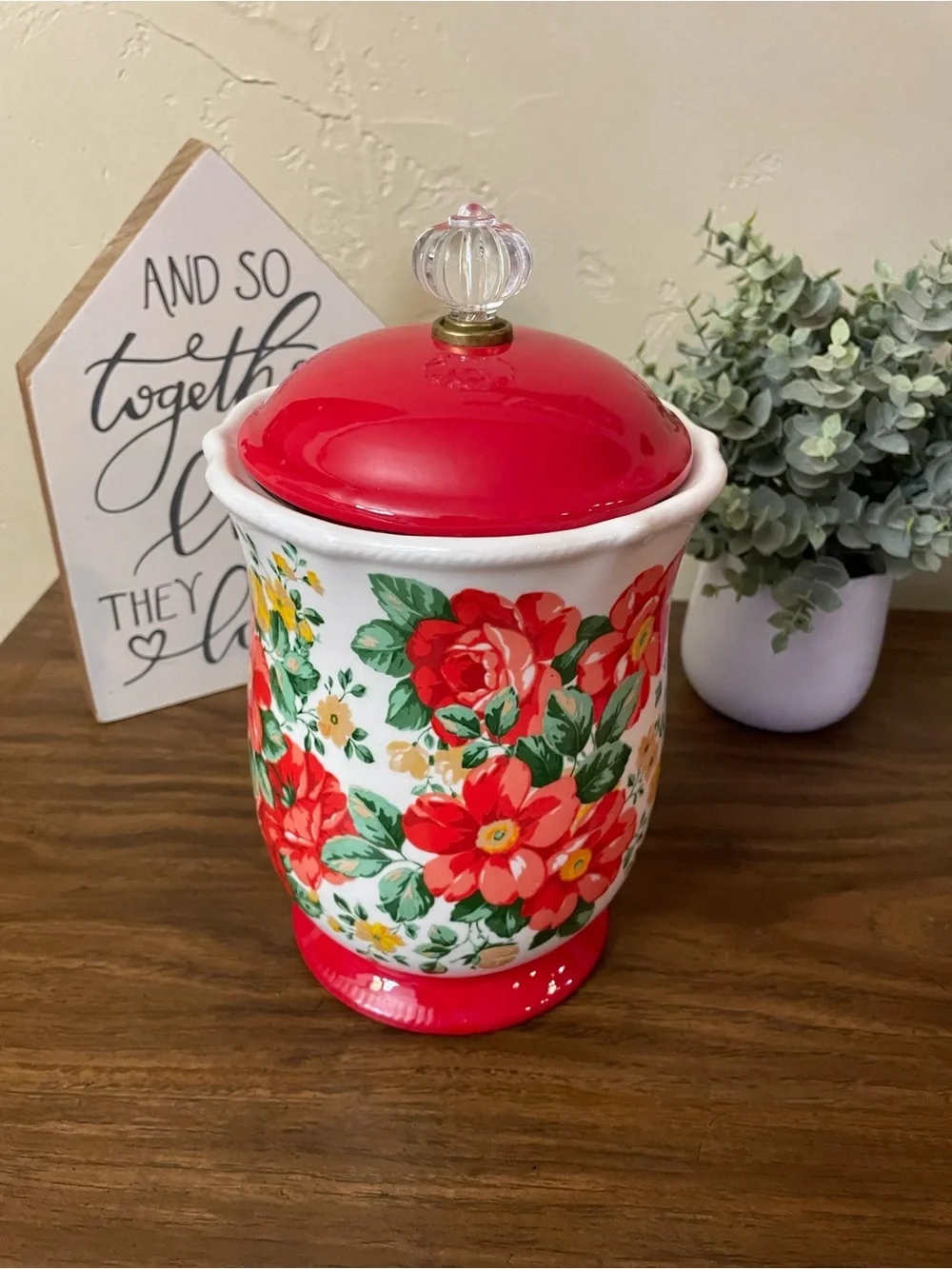 Pioneer Woman Cookie Jar Floral Ceramic Canister with Red Lid